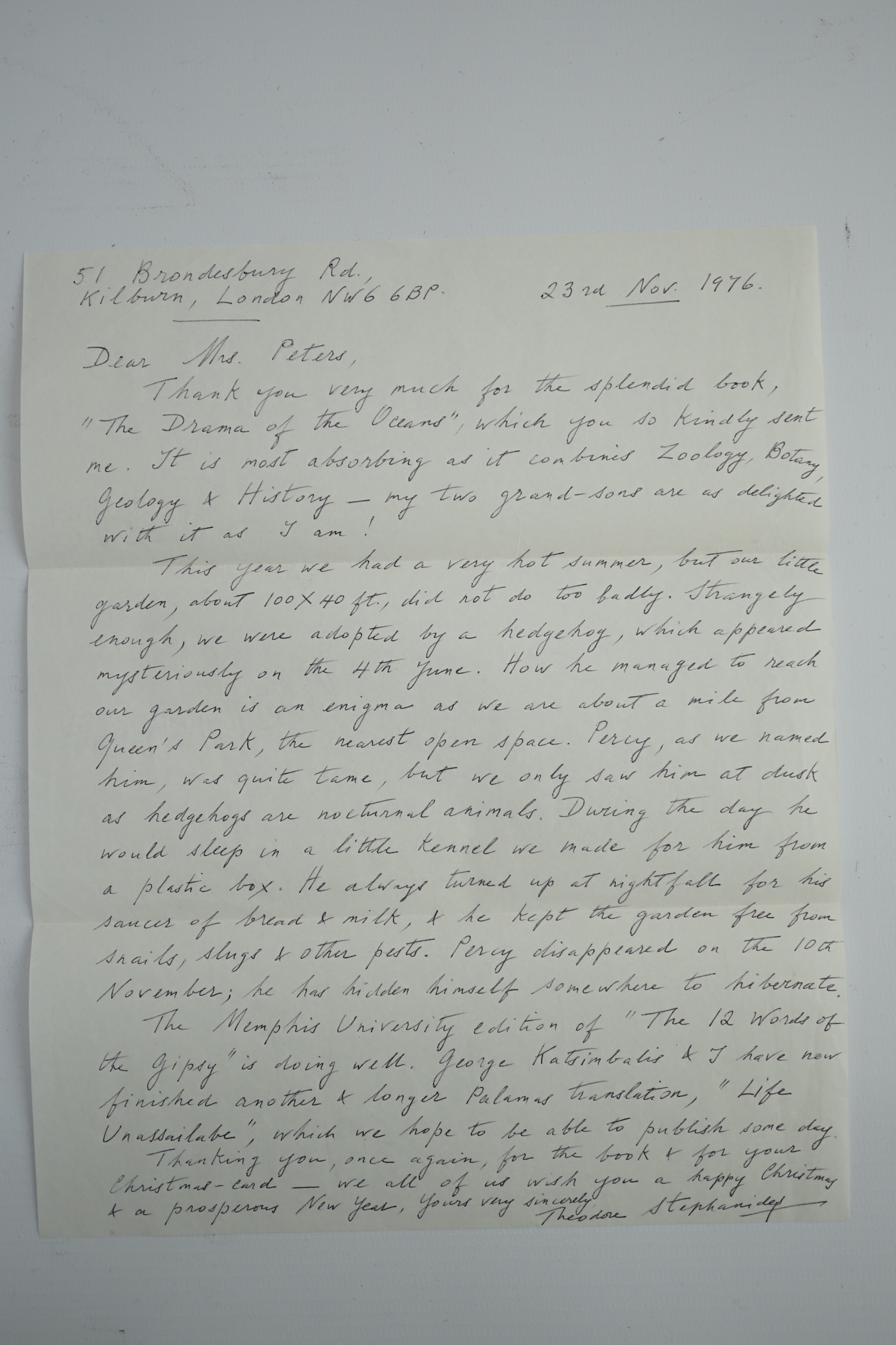 Theodore Stephanides interest; a small archive of correspondence along with a signed and dedicated copy of A Hundred Voices, pub. Kostes Palamas 1976, between Stephanides and Eleanor Peters, including letters, a postcard